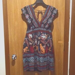 Anthropology NWT Plunge Mini Shift Dress Wildlife Wildflower Pattern Pockets!